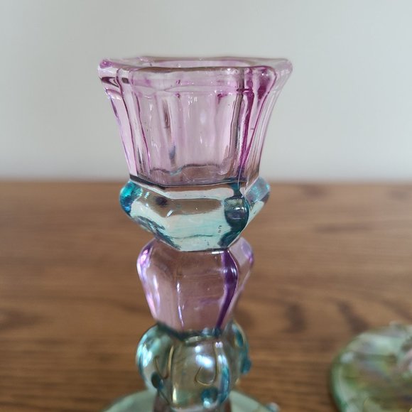 PartyLite Mardi Gras Colorful Tapered Candlestick Holder Pair Set of Two 5" Tall - Picture 4 of 17